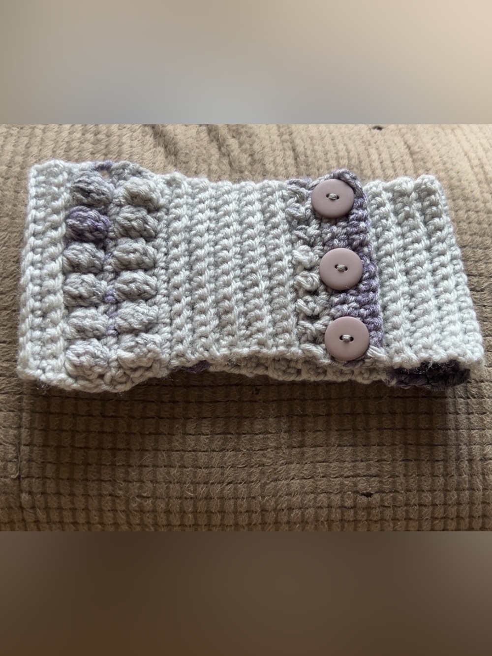 Handmade Knit ear warmer - Light Gray with Lavender Buttons